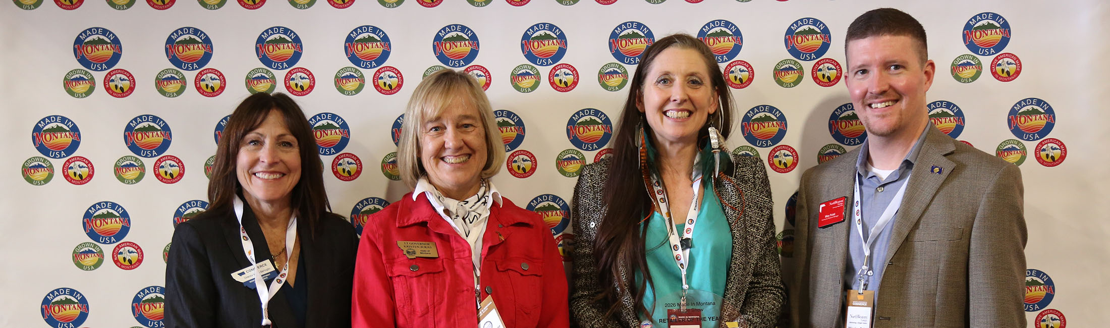 Montana Department of Commerce Director Marta Bertoglio, Montana Lt. Gov. Kristen Juras and Wes Feist from sponsor NorthWestern Energy present the 2026 Retailer of the Year Award to Megan Martin, 56 Counties owner. Photo by Montana Department of Commerce.