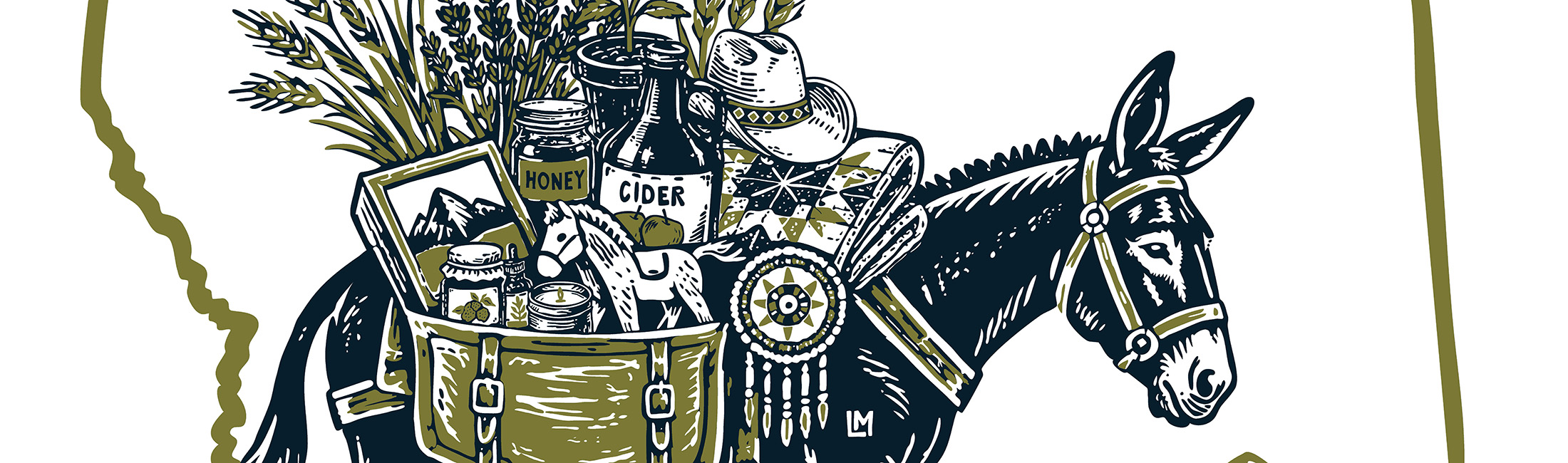 The winning design portrays a mule with saddle bags carrying apple cider, honey and other Made in Montana items. It was designed by MIM member and artist Wendy Holsapple from Laughing Mule Press in Hamilton.